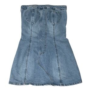 BOHO Forever 21 Blue Denim Strapless Mini Dress Hearts Jeans Concert Size S